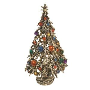 Vtg Artco Christmas Tree Brooch Pin With Colorful Rhinestones Gold -Tone Gift